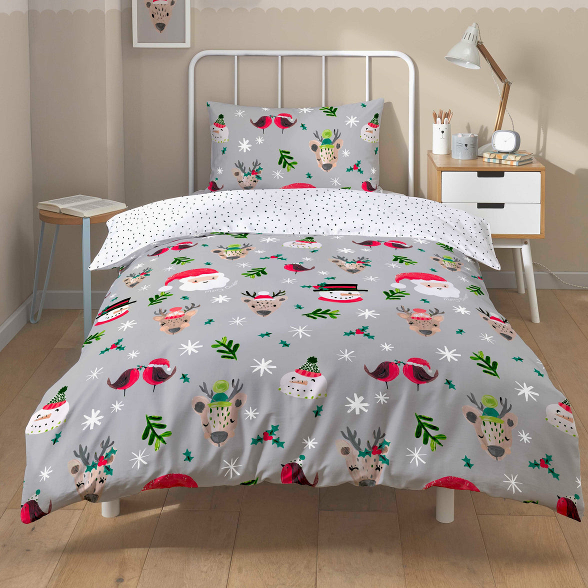 Festive Holiday Santa Duvet Cover Set with Pillowcases Reversible Xmas Design OEKO-TEX Certified Cosy Winter Bedding by OLIVIA ROCCO GREY / SINGLE Duvet Cover