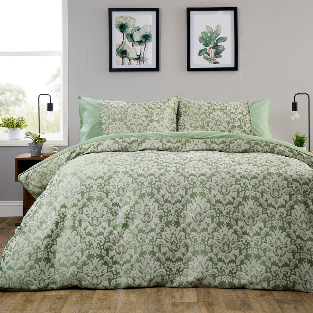 OLIVIA ROCCO Sage Green Savoy Jacquard Duvet Cover Set Quilted Bedding Covers with Pillowcases Luxurious Soft Durable Damask Pattern Quilt Bed Sets SAGE GREEN / SINGLE Duvet Cover