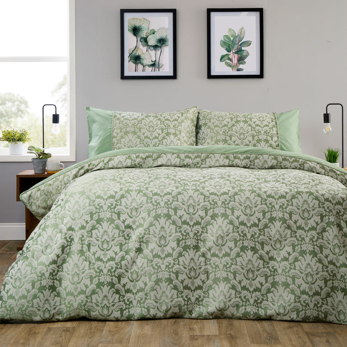 OLIVIA ROCCO Sage Green Savoy Jacquard Duvet Cover Set Quilted Bedding Covers with Pillowcases Luxurious Soft Durable Damask Pattern Quilt Bed Sets SAGE GREEN / SINGLE Duvet Cover