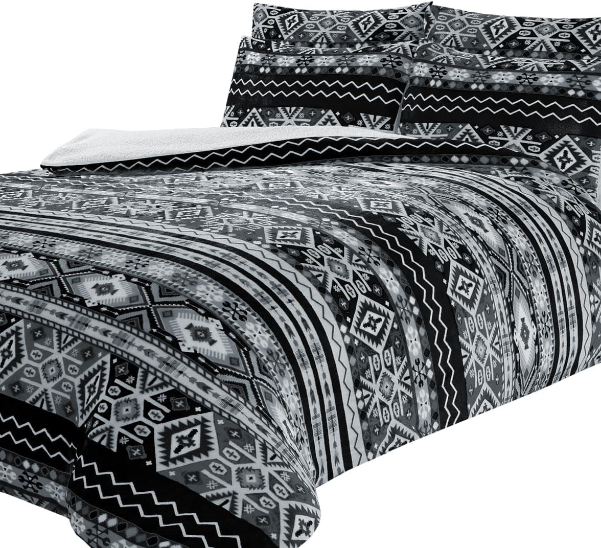 Aztec Print Teddy Fleece Duvet Set with Reversible Sherpa Fur Luxurious Winter Comfort in Single Double King Sizes by OLIVIA ROCCO SINGLE / BLACK Duvet Cover