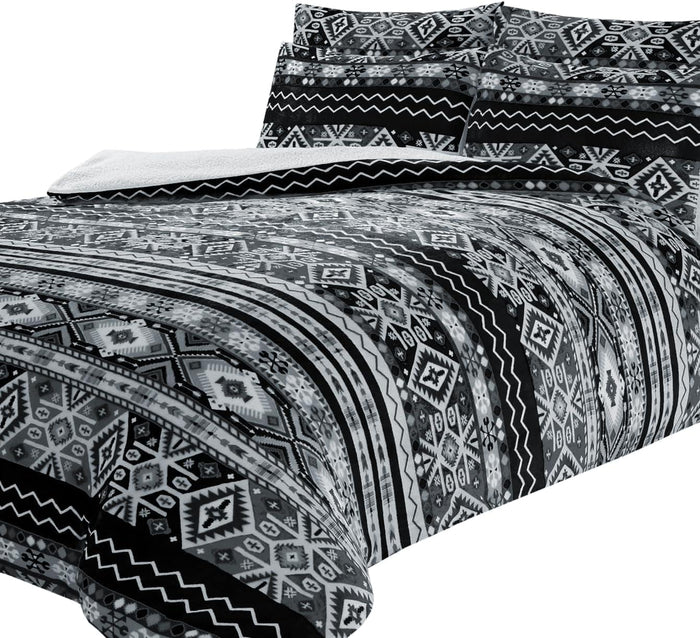 Aztec Print Teddy Fleece Duvet Set with Reversible Sherpa Fur Luxurious Winter Comfort in Single Double King Sizes by OLIVIA ROCCO SINGLE / BLACK Duvet Cover