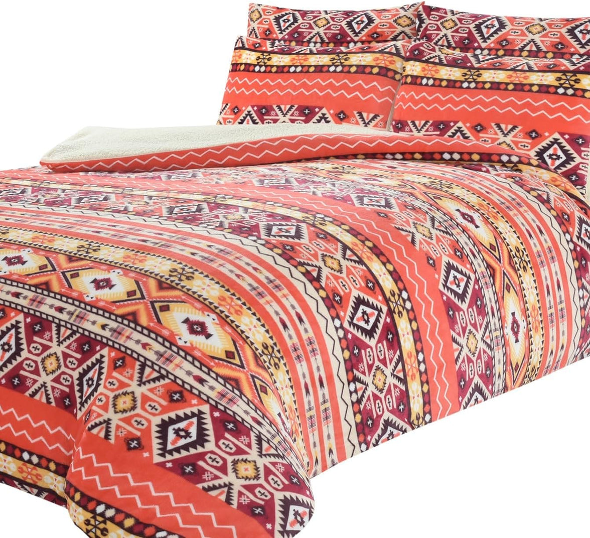Aztec Print Teddy Fleece Duvet Set with Reversible Sherpa Fur Luxurious Winter Comfort in Single Double King Sizes by OLIVIA ROCCO SINGLE / ORANGE Duvet Cover