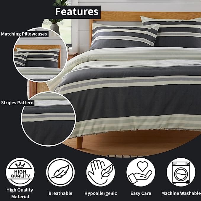 Miami Stripes Reversible Duvet Cover Set Hypoallergenic High-Quality Cotton Blend Bedding Available in Grey Natural Green Multiple Sizes by OLIVIA ROCCO Duvet Cover