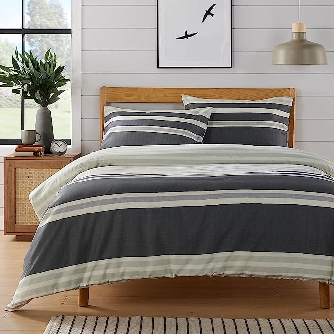 Miami Stripes Reversible Duvet Cover Set Hypoallergenic High-Quality Cotton Blend Bedding Available in Grey Natural Green Multiple Sizes by OLIVIA ROCCO SINGLE / GREY Duvet Cover