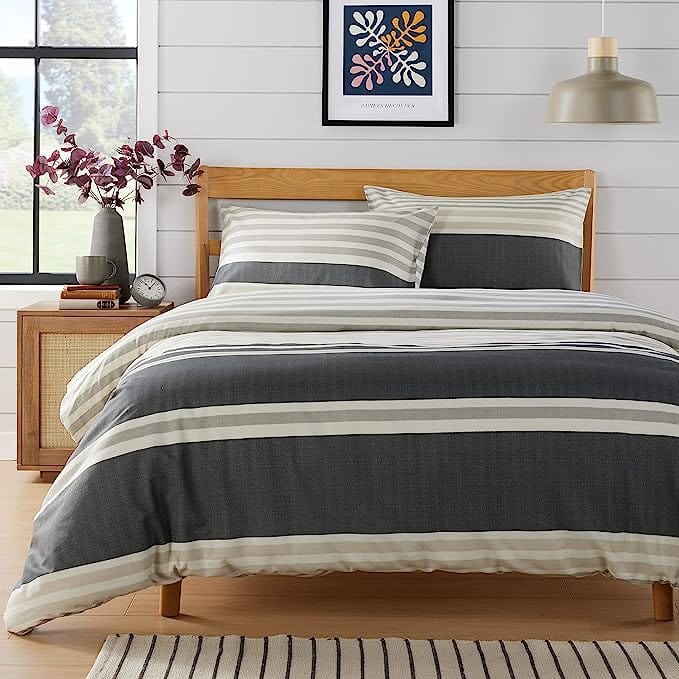 Miami Stripes Reversible Duvet Cover Set Hypoallergenic High-Quality Cotton Blend Bedding Available in Grey Natural Green Multiple Sizes by OLIVIA ROCCO SINGLE / NATURAL Duvet Cover