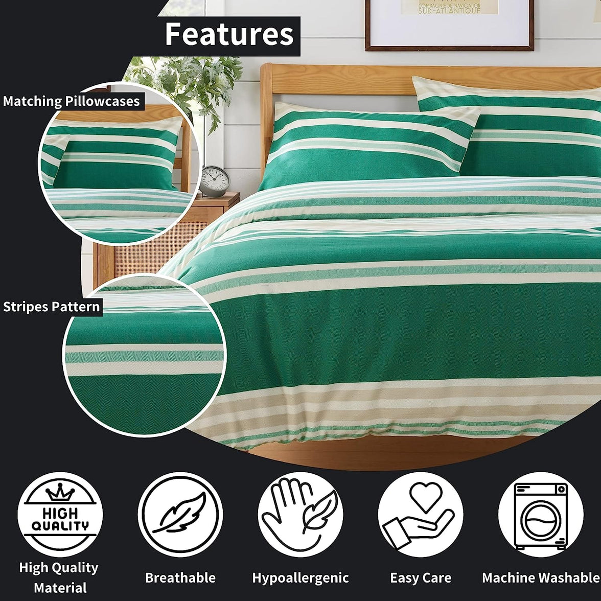 Miami Stripes Reversible Duvet Cover Set Hypoallergenic High-Quality Cotton Blend Bedding Available in Grey Natural Green Multiple Sizes by OLIVIA ROCCO Duvet Cover