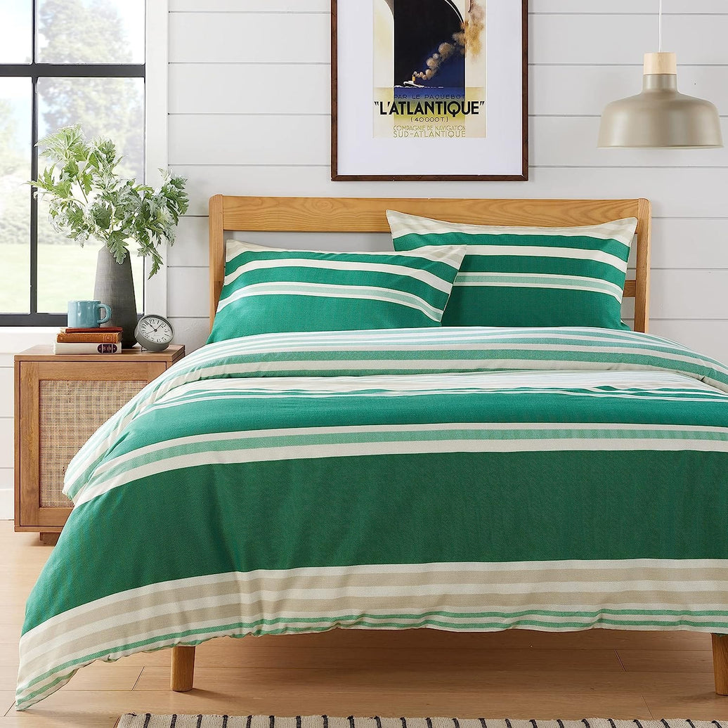 Miami Stripes Reversible Duvet Cover Set Hypoallergenic High-Quality Cotton Blend Bedding Available in Grey Natural Green Multiple Sizes by OLIVIA ROCCO SINGLE / GREEN Duvet Cover