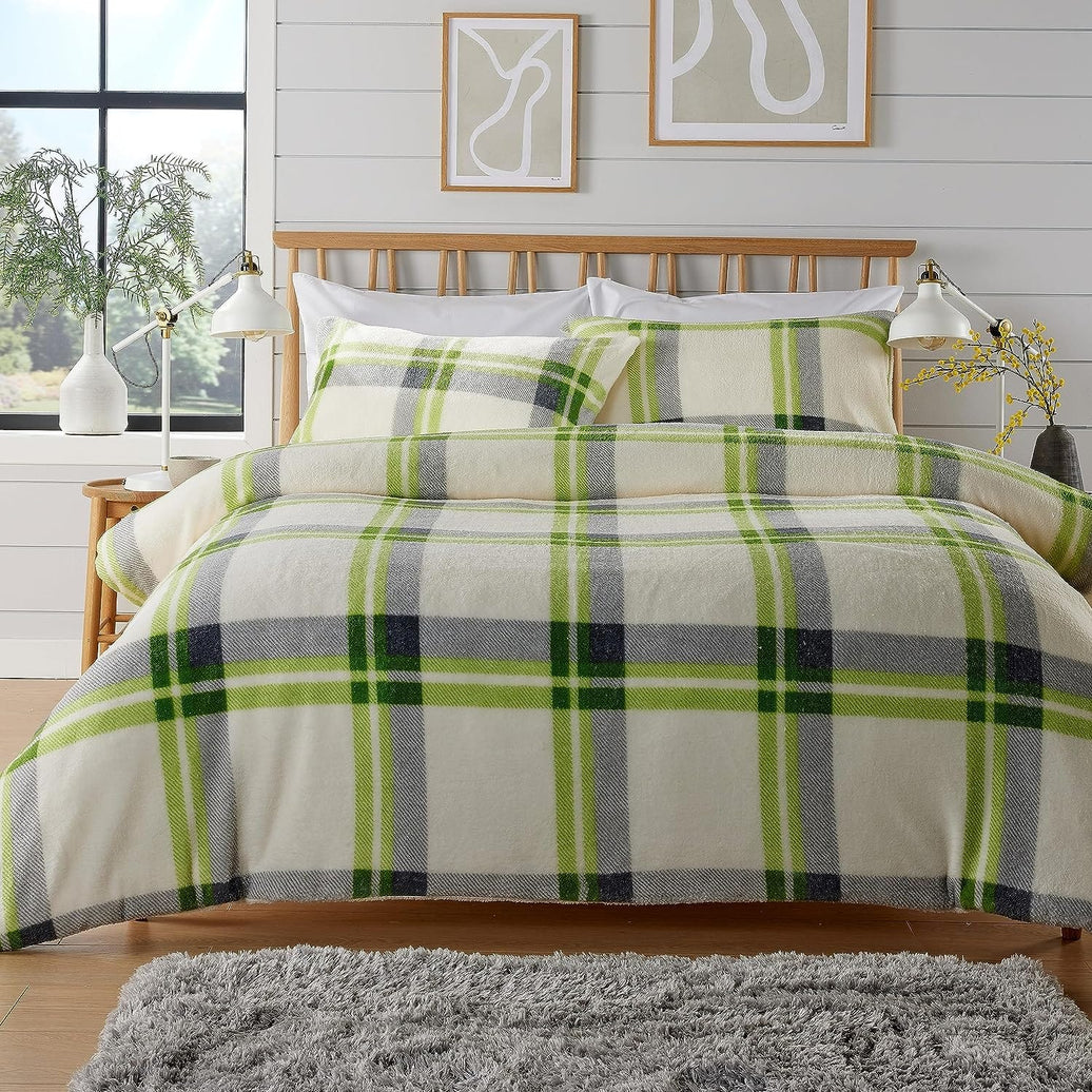 Orkney Check Fleece Duvet Set Grey Green Super Soft Luxurious Bedding Single Double King with Pillowcases Perfect for Winter Nights by OLIVIA ROCCO SINGLE / GREEN Duvet Cover