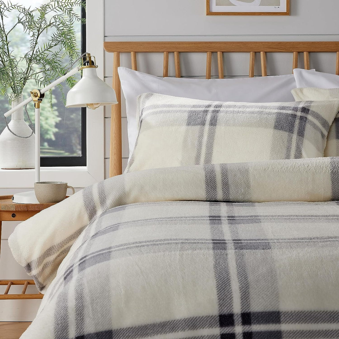 Orkney Check Fleece Duvet Set Grey Green Super Soft Luxurious Bedding Single Double King with Pillowcases Perfect for Winter Nights by OLIVIA ROCCO Duvet Cover