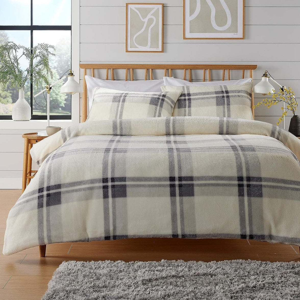 Orkney Check Fleece Duvet Set Grey Green Super Soft Luxurious Bedding Single Double King with Pillowcases Perfect for Winter Nights by OLIVIA ROCCO SINGLE / GREY Duvet Cover