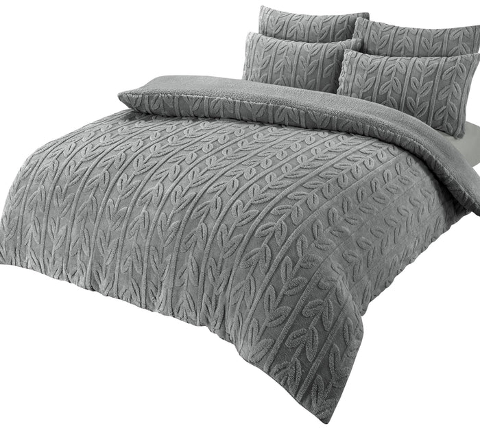 Leaf Print Teddy Fleece Duvet Set with Reversible Sherpa Fleece Ultra-Soft Winter Bedding for Single Double King Size Beds by OLIVIA ROCCO SINGLE / GREY Duvet Cover