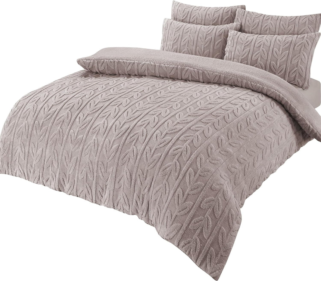 Leaf Print Teddy Fleece Duvet Set with Reversible Sherpa Fleece Ultra-Soft Winter Bedding for Single Double King Size Beds by OLIVIA ROCCO SINGLE / NATURAL Duvet Cover