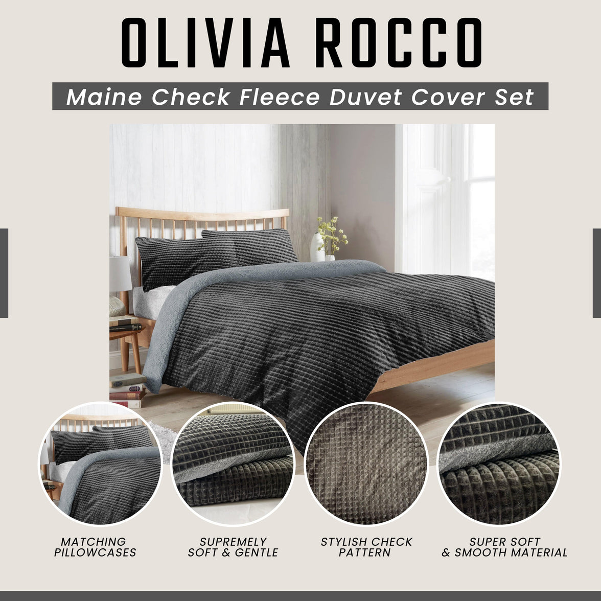 Maine Check Super Soft Fluffy Fleece Duvet Cover Set with Pillowcases Reversible Bedding for Winter Warmth in Black Grey by OLIVIA ROCCO Duvet Cover