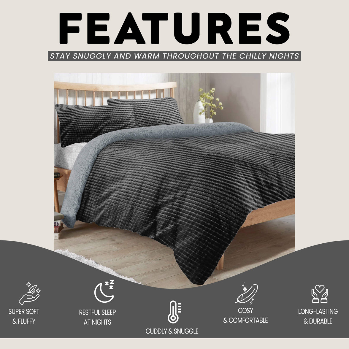Maine Check Super Soft Fluffy Fleece Duvet Cover Set with Pillowcases Reversible Bedding for Winter Warmth in Black Grey by OLIVIA ROCCO Duvet Cover