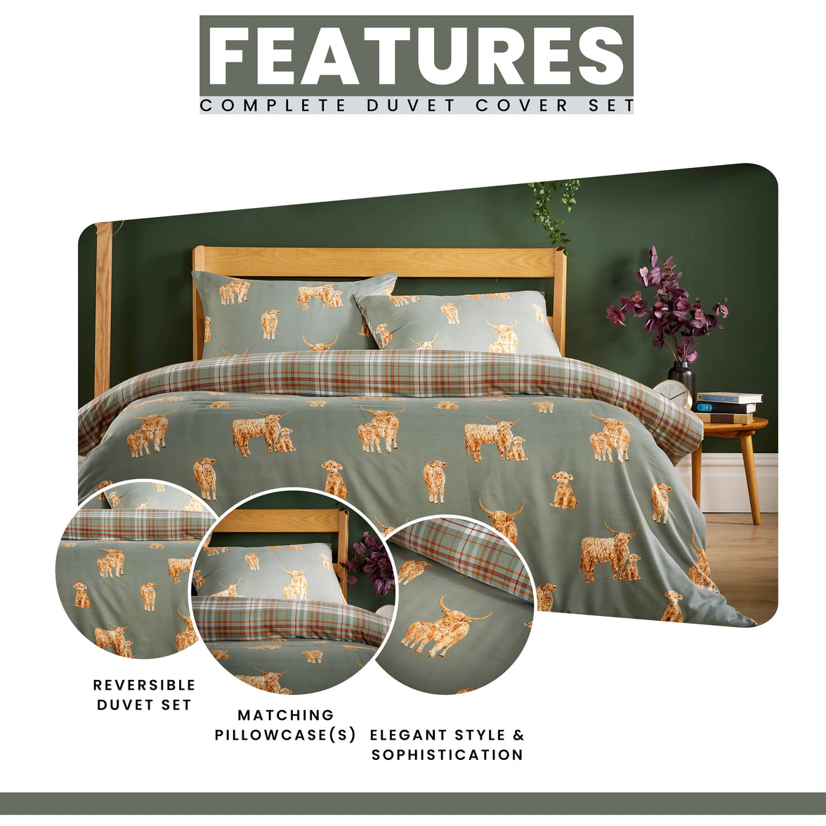 OLIVIA ROCCO Highland Cow Sage Printed Reversible Duvet Cover Set Quilted Polyester Blend with Button Closure Single Double King Size Duvet Cover