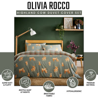 OLIVIA ROCCO Highland Cow Sage Printed Reversible Duvet Cover Set Quilted Polyester Blend with Button Closure Single Double King Size Duvet Cover