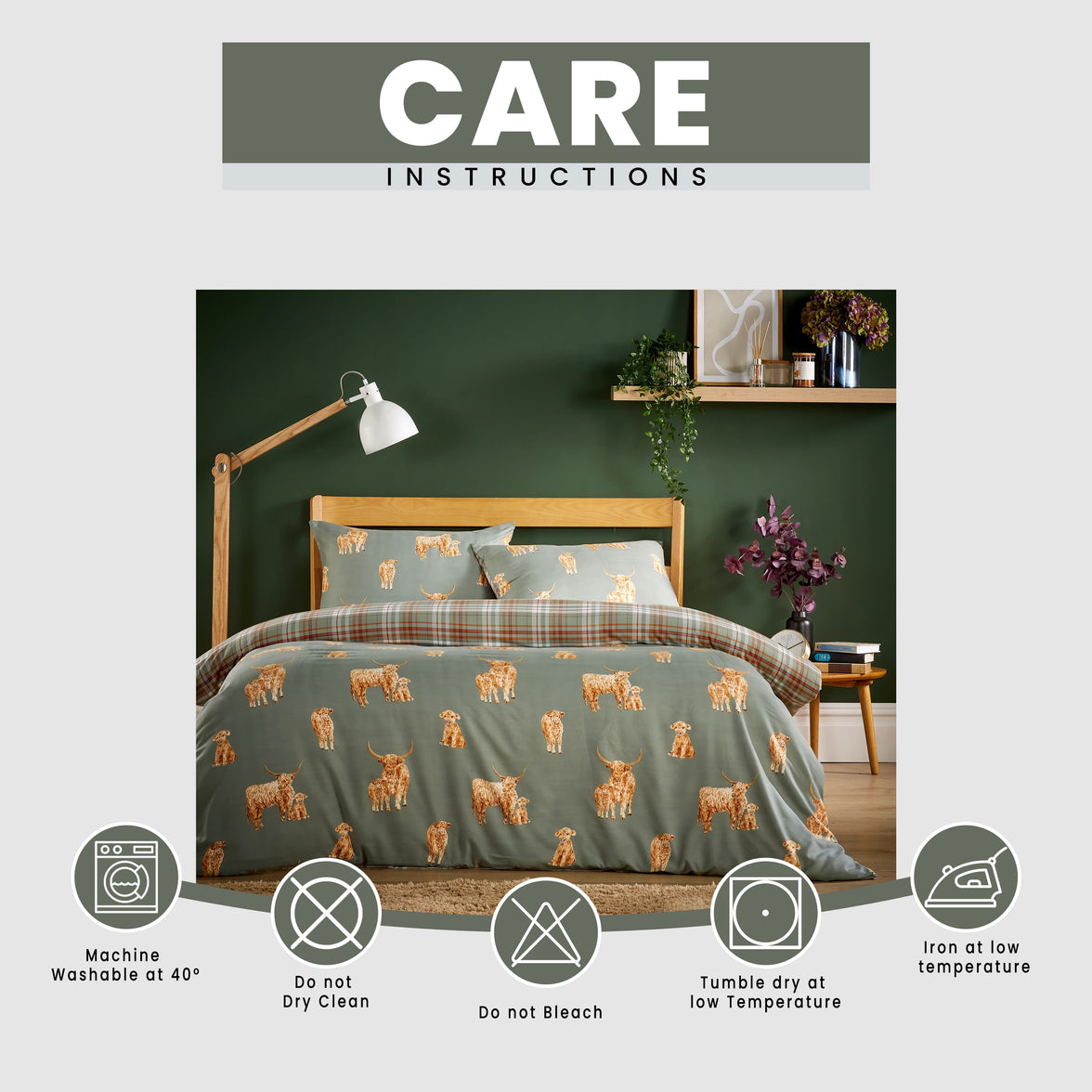 OLIVIA ROCCO Highland Cow Sage Printed Reversible Duvet Cover Set Quilted Polyester Blend with Button Closure Single Double King Size Duvet Cover