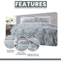 OLIVIA ROCCO Aria Grey Printed Reversible Duvet Cover Set Quilted Polyester Blend with Button Closure Single Double King Size Duvet Cover