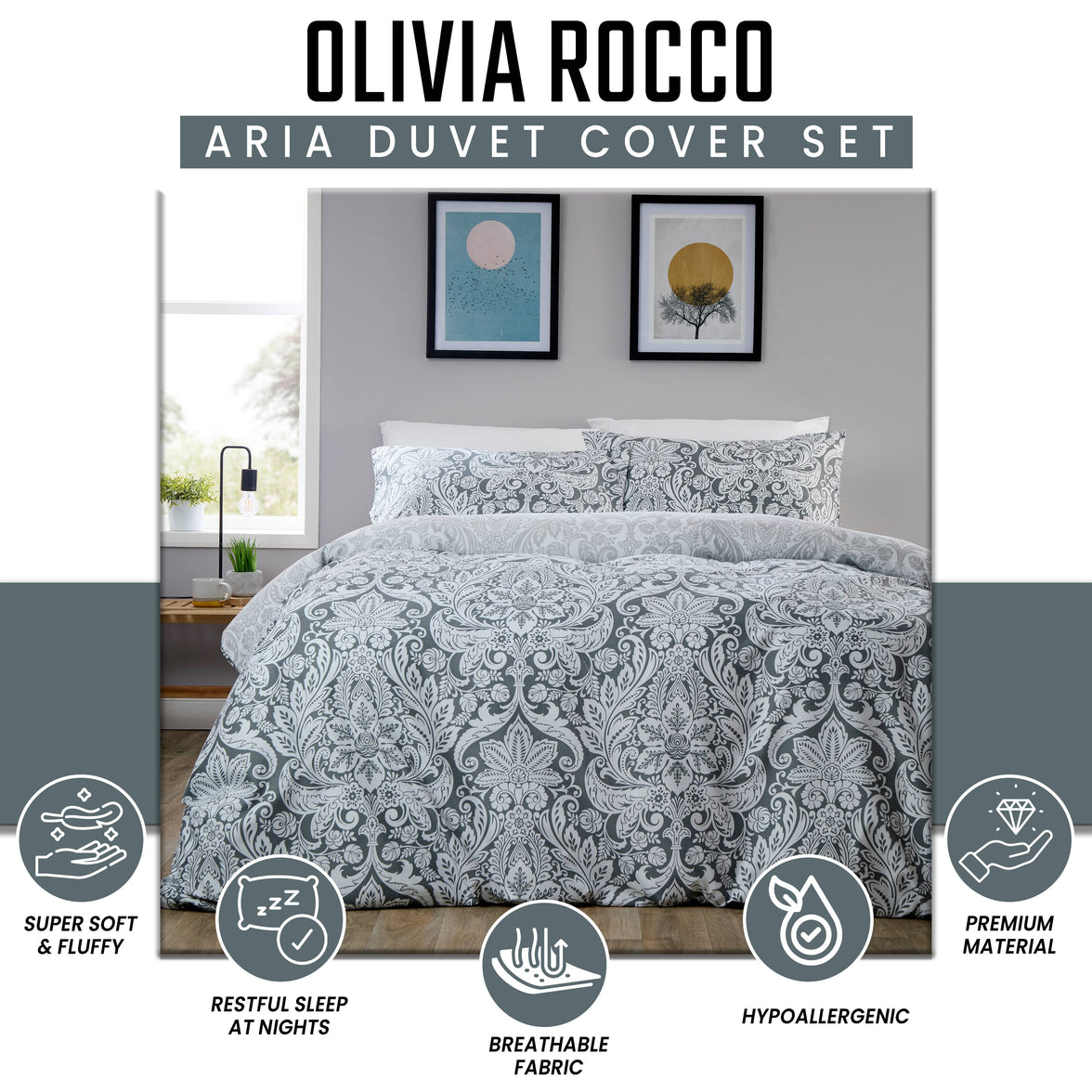 OLIVIA ROCCO Aria Grey Printed Reversible Duvet Cover Set Quilted Polyester Blend with Button Closure Single Double King Size Duvet Cover