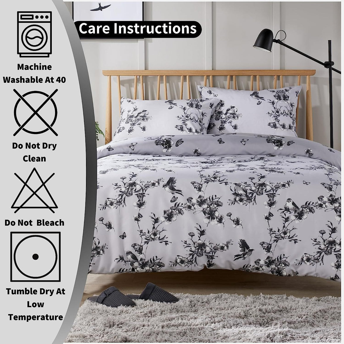 Blossom Grey Reversible Duvet Cover Set Elegant & Comfortable Polyester Blend with Button Closure Available in Single Double King Sizes by OLIVIA ROCCO Duvet Cover