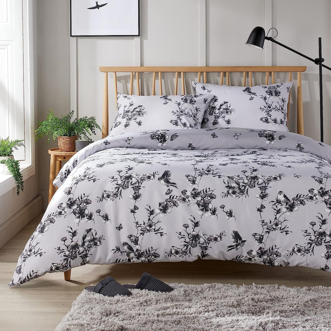 Blossom Grey Reversible Duvet Cover Set Elegant & Comfortable Polyester Blend with Button Closure Available in Single Double King Sizes by OLIVIA ROCCO SINGLE Duvet Cover