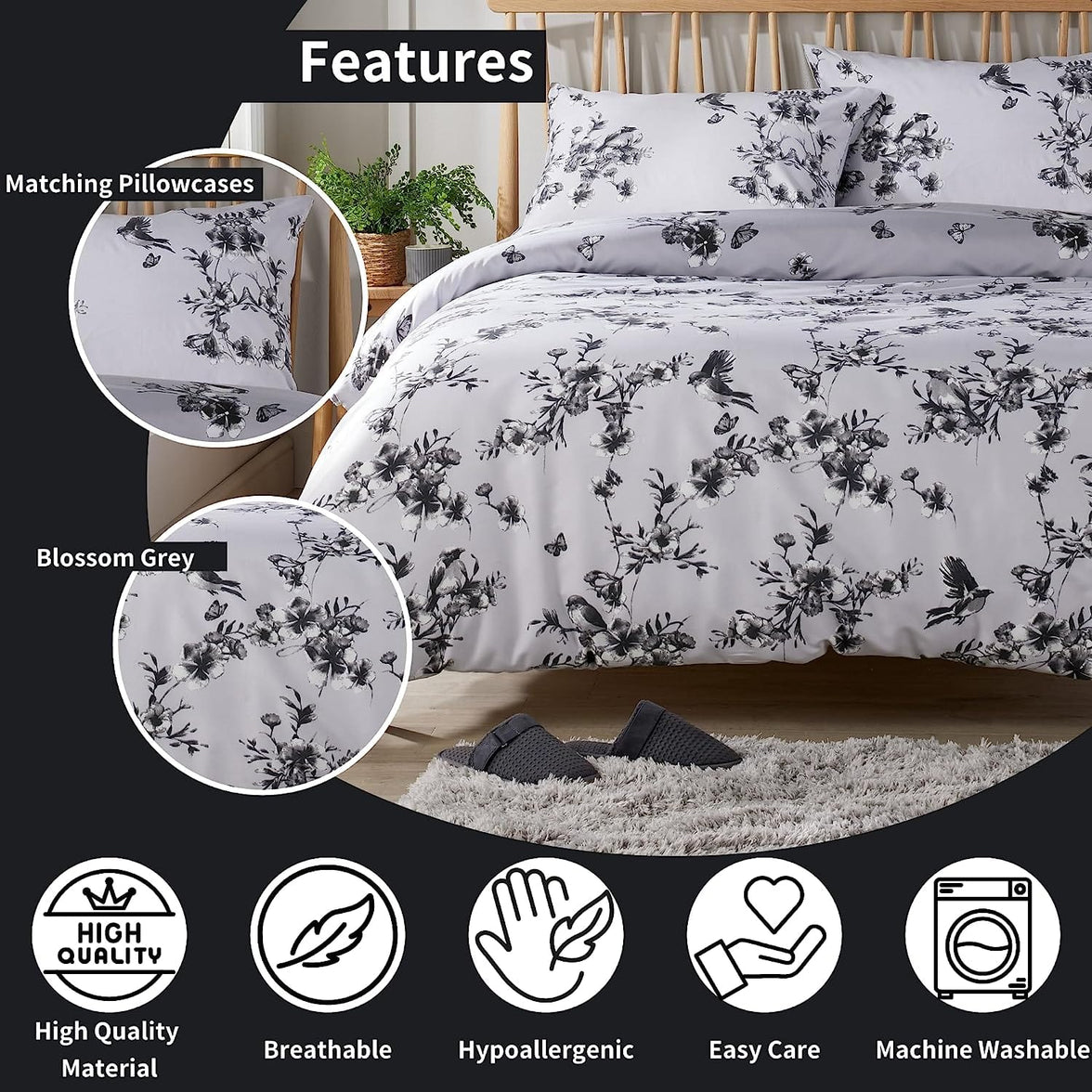 Blossom Grey Reversible Duvet Cover Set Elegant & Comfortable Polyester Blend with Button Closure Available in Single Double King Sizes by OLIVIA ROCCO Duvet Cover