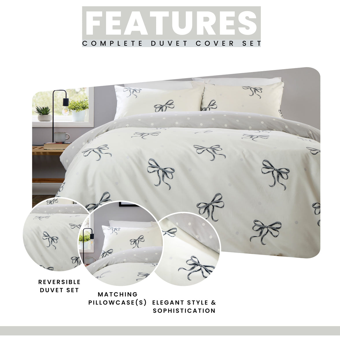 OLIVIA ROCCO Bows Black Printed Reversible Duvet Cover Set Quilted Polyester Blend with Button Closure Single Double King Size Duvet Cover