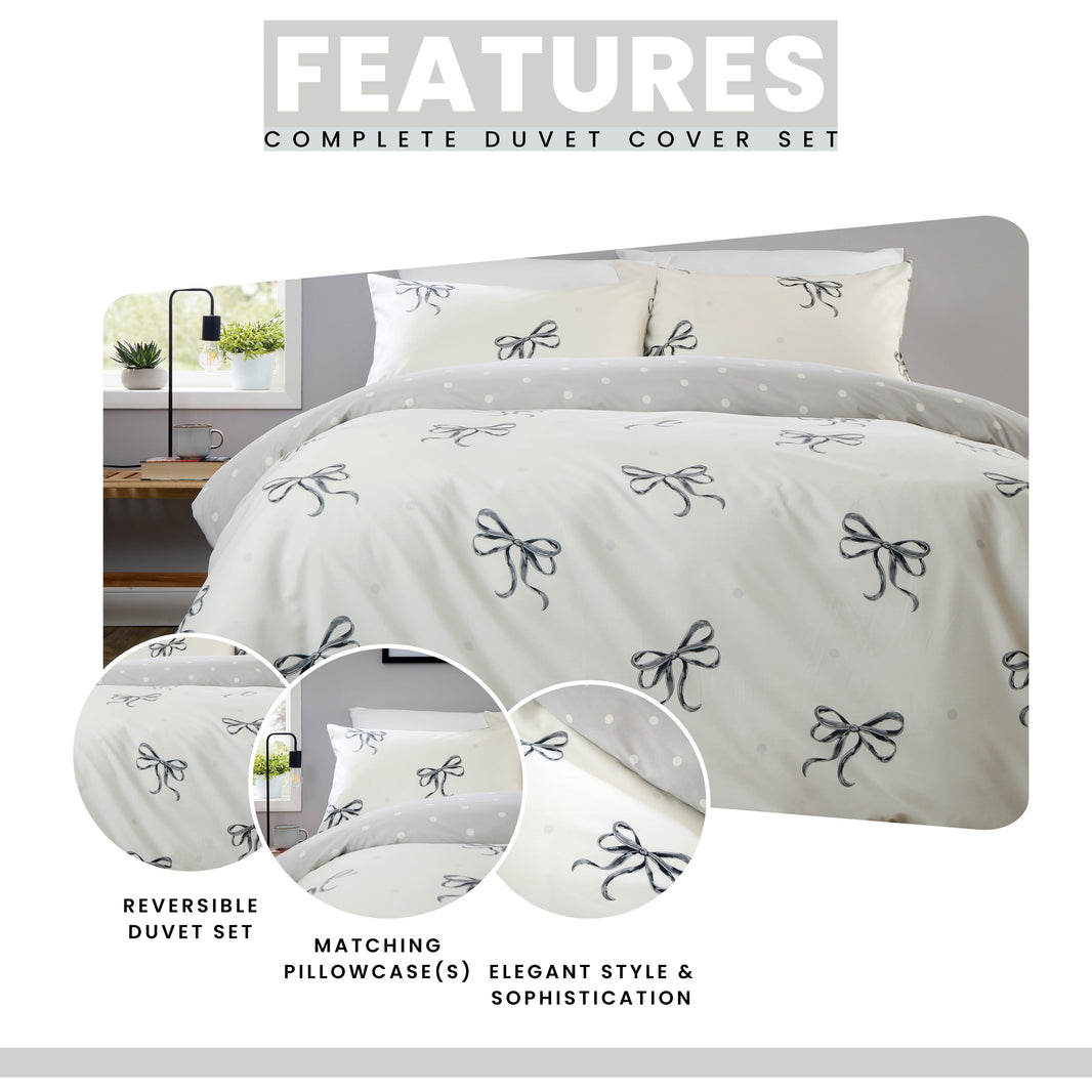 OLIVIA ROCCO Bows Black Printed Reversible Duvet Cover Set Quilted Polyester Blend with Button Closure Single Double King Size Duvet Cover