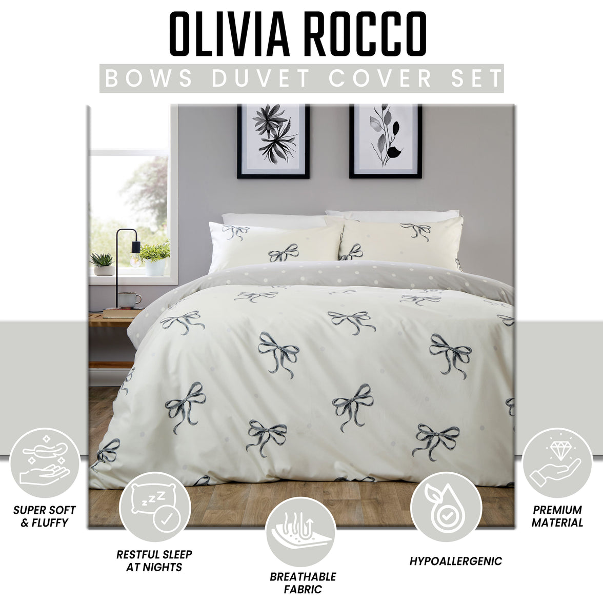 OLIVIA ROCCO Bows Black Printed Reversible Duvet Cover Set Quilted Polyester Blend with Button Closure Single Double King Size Duvet Cover