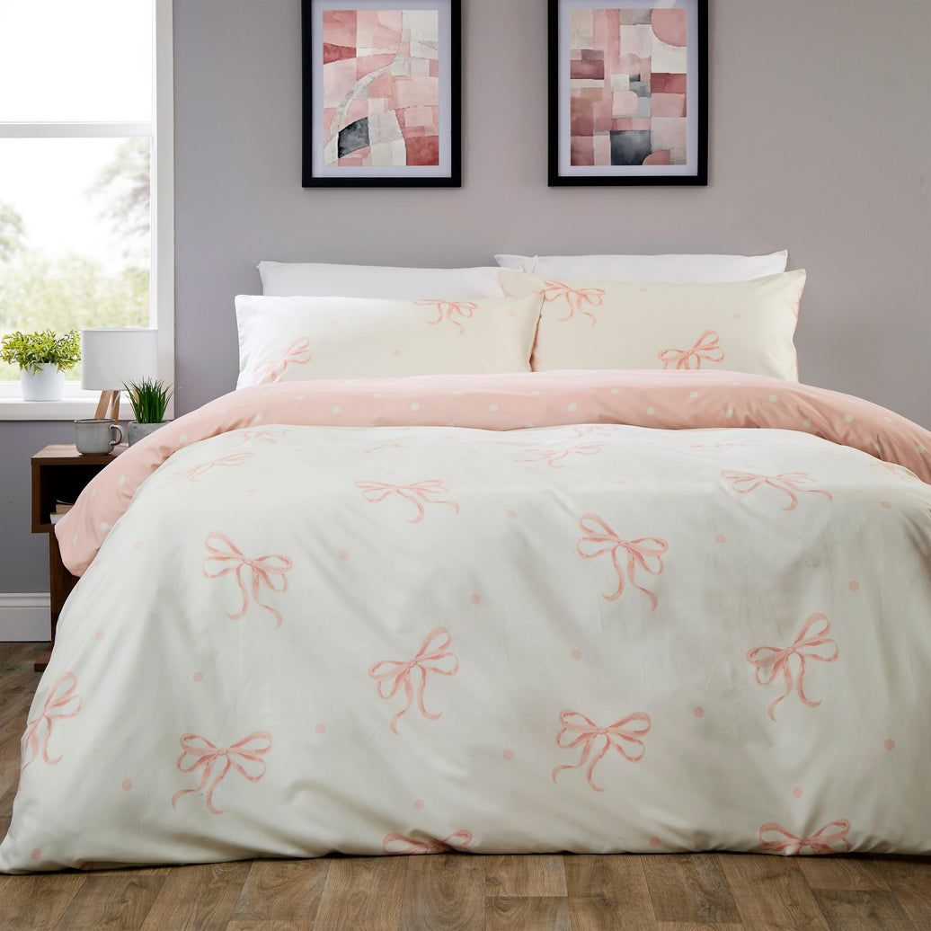 OLIVIA ROCCO Bows Pink Printed Reversible Duvet Cover Set Quilted Polyester Blend with Button Closure Single Double King Size SINGLE Duvet Cover