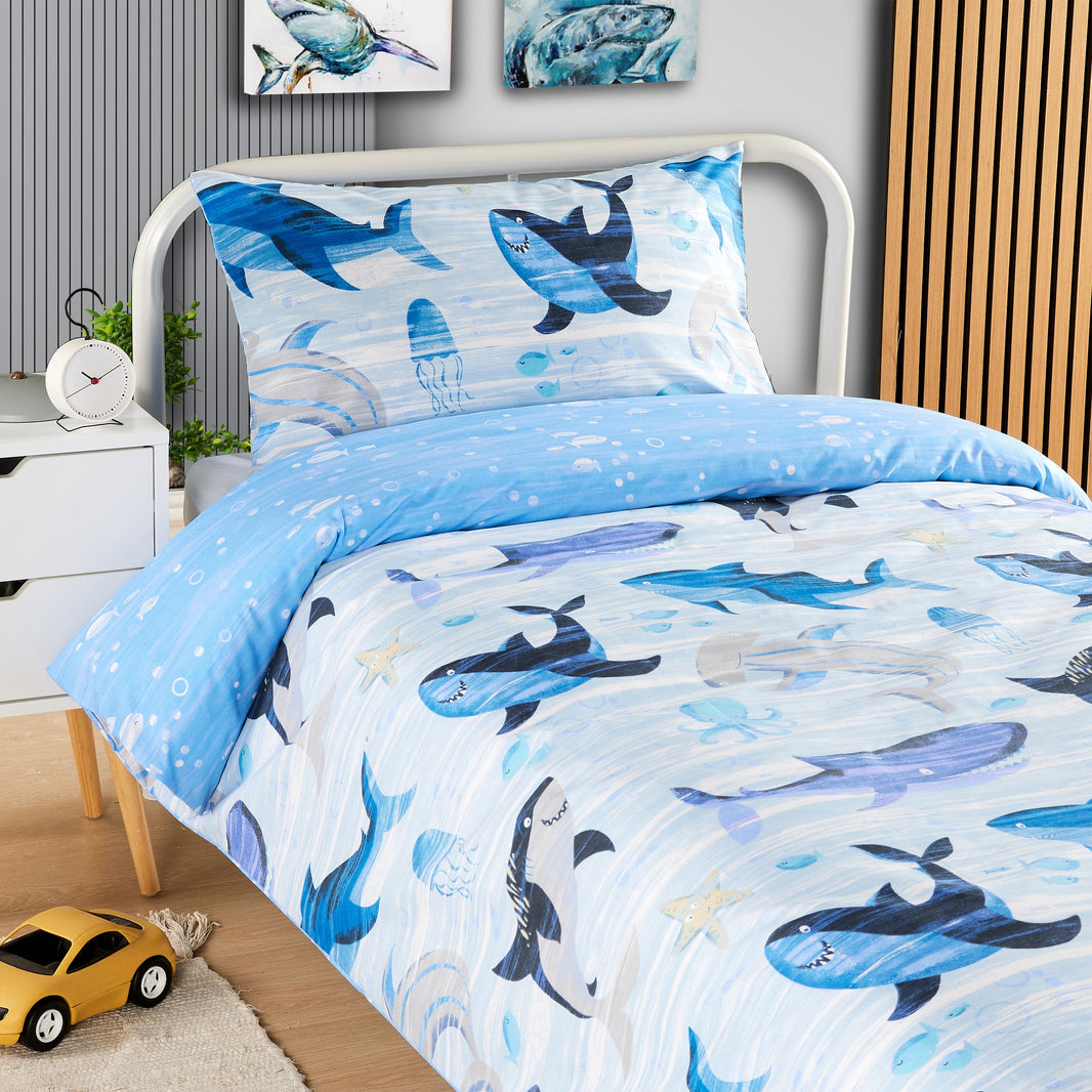 Underwater Sharks and Whales Kids Duvet Cover Set Reversible Soft Cotton Marine Life Bedding with Curtains for Boys and Girls by OLIVIA ROCCO Duvet Cover