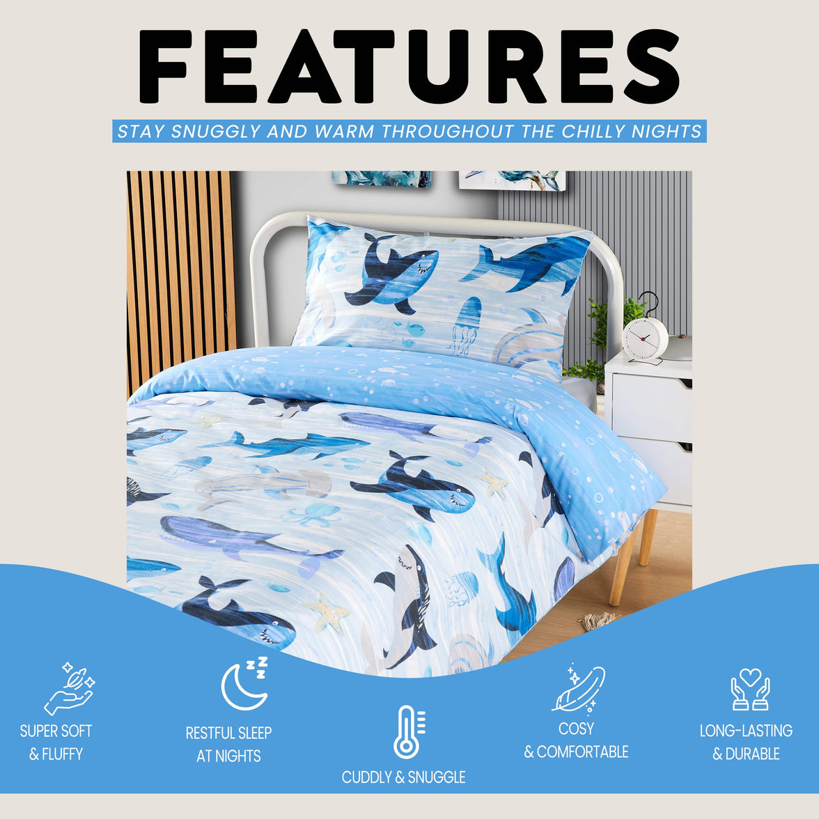 Underwater Sharks and Whales Kids Duvet Cover Set Reversible Soft Cotton Marine Life Bedding with Curtains for Boys and Girls by OLIVIA ROCCO Duvet Cover