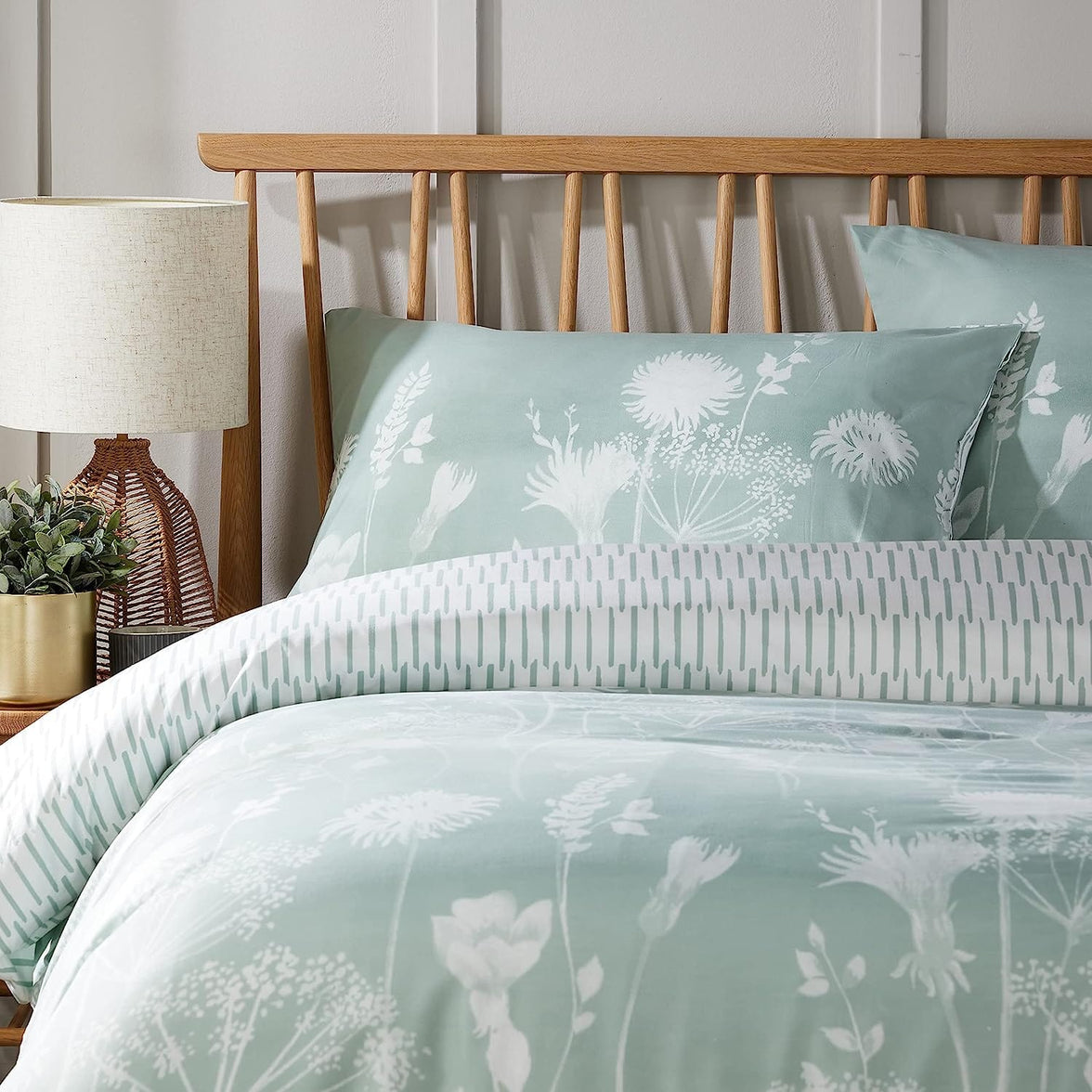 Meadow Sage Green Reversible Duvet Cover Set with Pillowcases Easy Care Durable Polyester Stylish Quilted Design Single Double King by OLIVIA ROCCO Duvet Cover