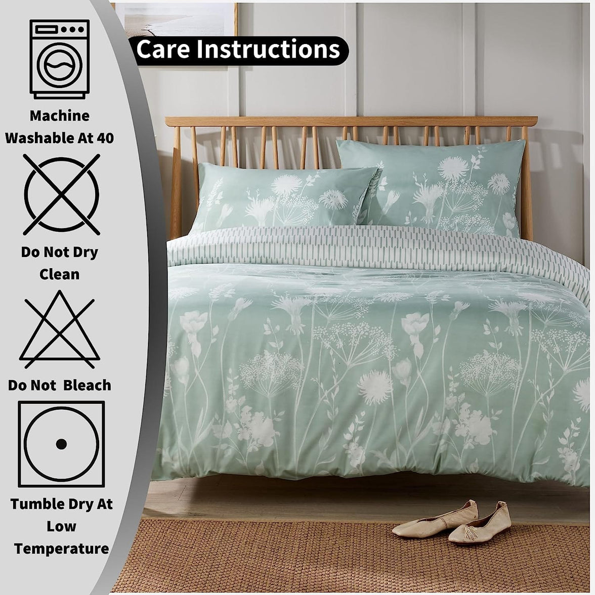 Meadow Sage Green Reversible Duvet Cover Set with Pillowcases Easy Care Durable Polyester Stylish Quilted Design Single Double King by OLIVIA ROCCO Duvet Cover