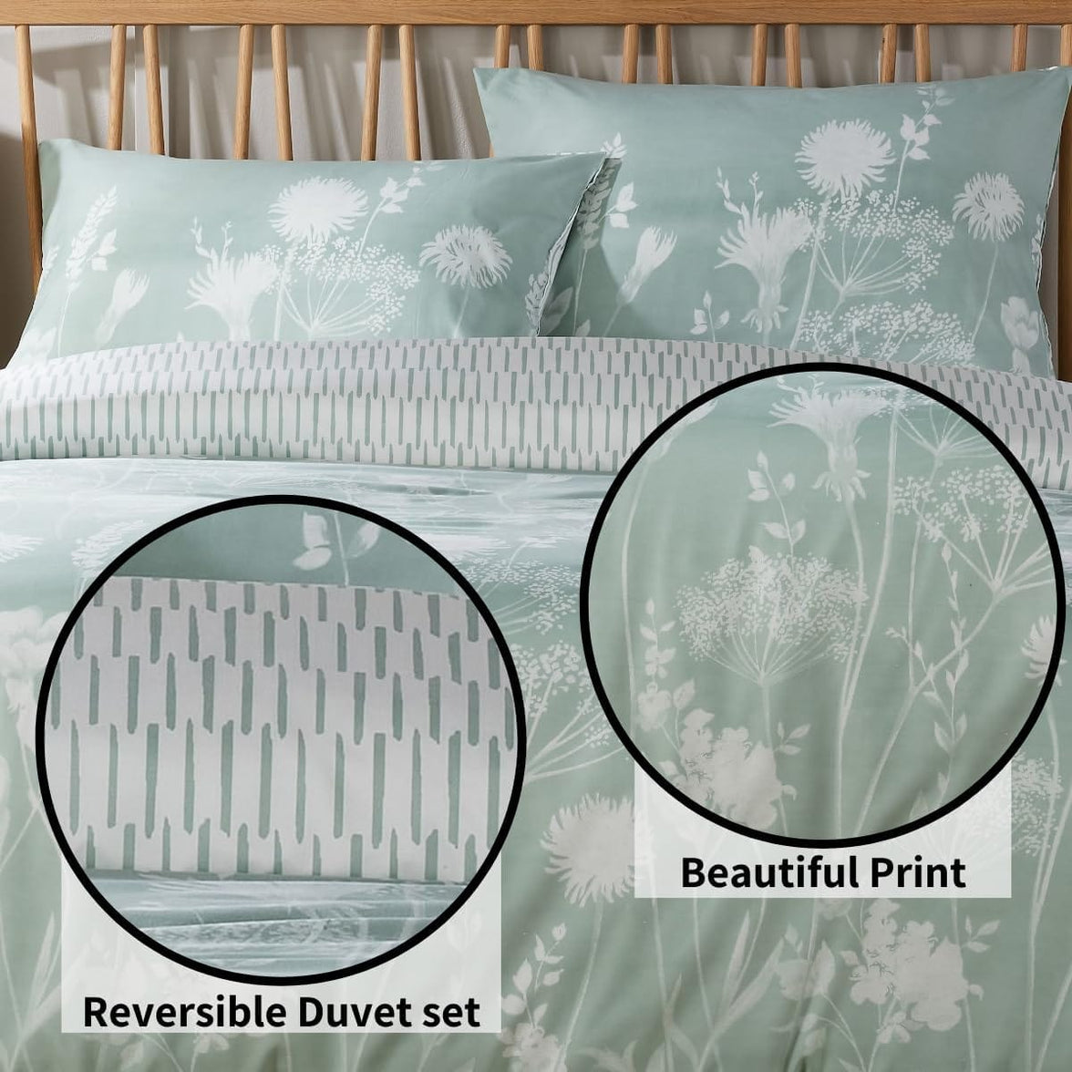 Meadow Sage Green Reversible Duvet Cover Set with Pillowcases Easy Care Durable Polyester Stylish Quilted Design Single Double King by OLIVIA ROCCO Duvet Cover