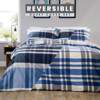 OLIVIA ROCCO Dylan Check Blue Red Printed Reversible Duvet Cover Set Quilted Polyester Blend with Button Closure Single Double King Size Duvet Cover