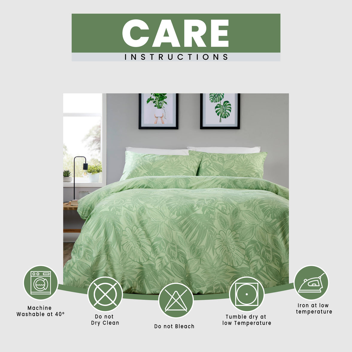OLIVIA ROCCO Fern - Sage Green Printed Reversible Duvet Cover Set Quilted Polyester Blend with Button Closure Single Double King Size Duvet Cover