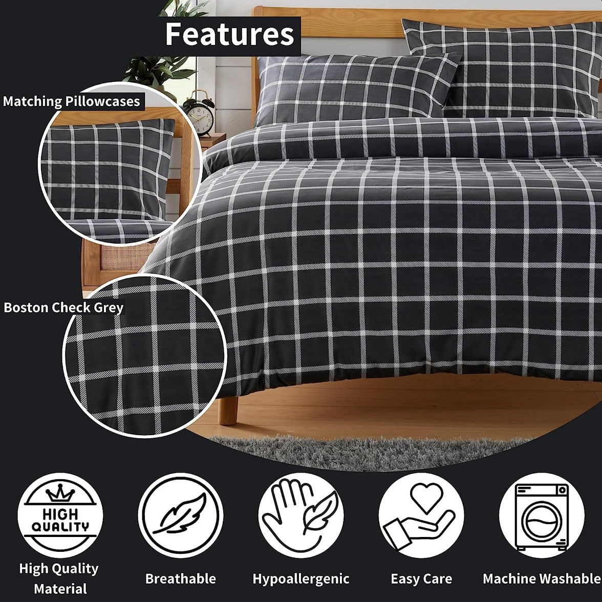 Grey Check Reversible Duvet Cover Set Soft Breathable Durable Polyester Bedding Single Double King by OLIVIA ROCCO Duvet Cover