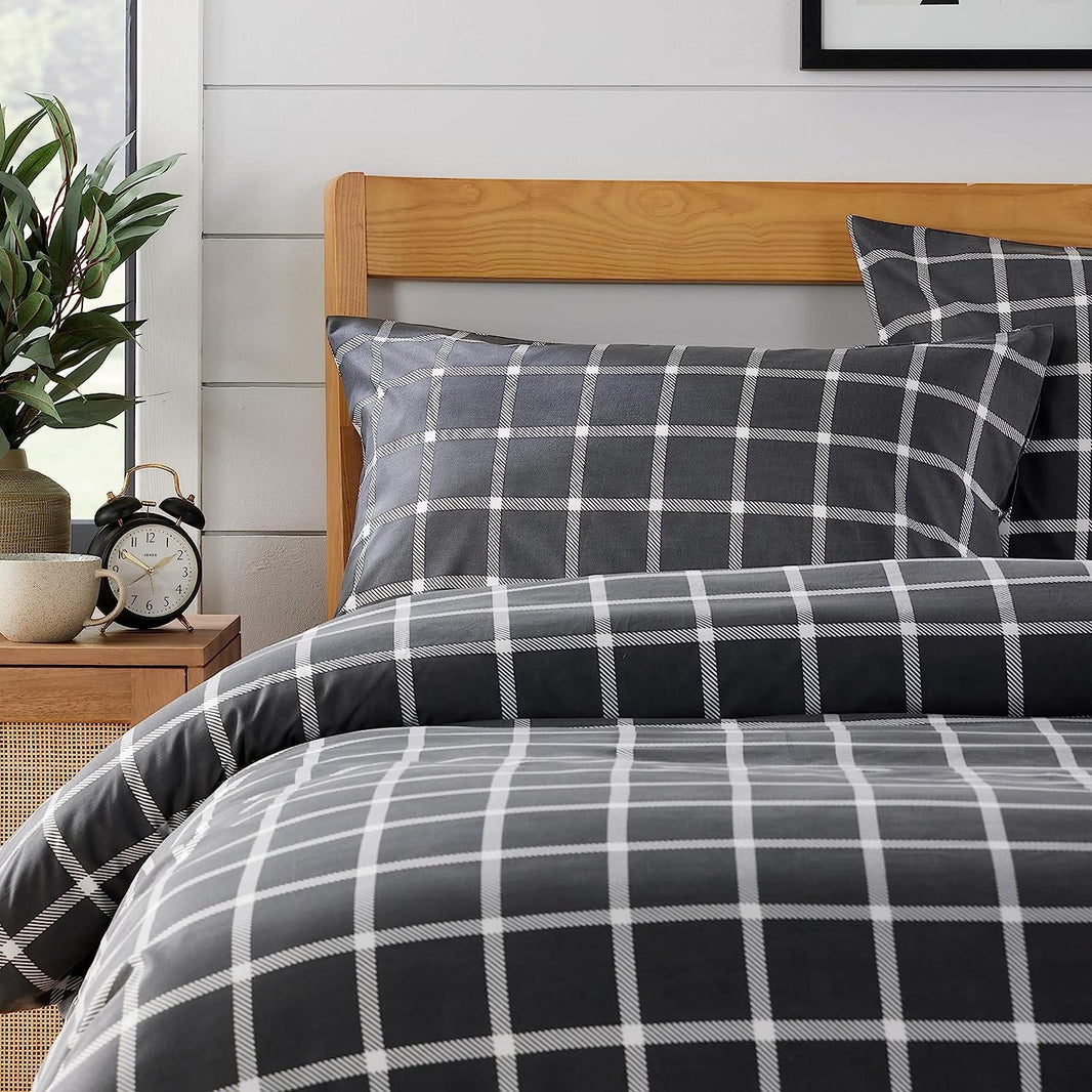 Grey Check Reversible Duvet Cover Set Soft Breathable Durable Polyester Bedding Single Double King by OLIVIA ROCCO Duvet Cover