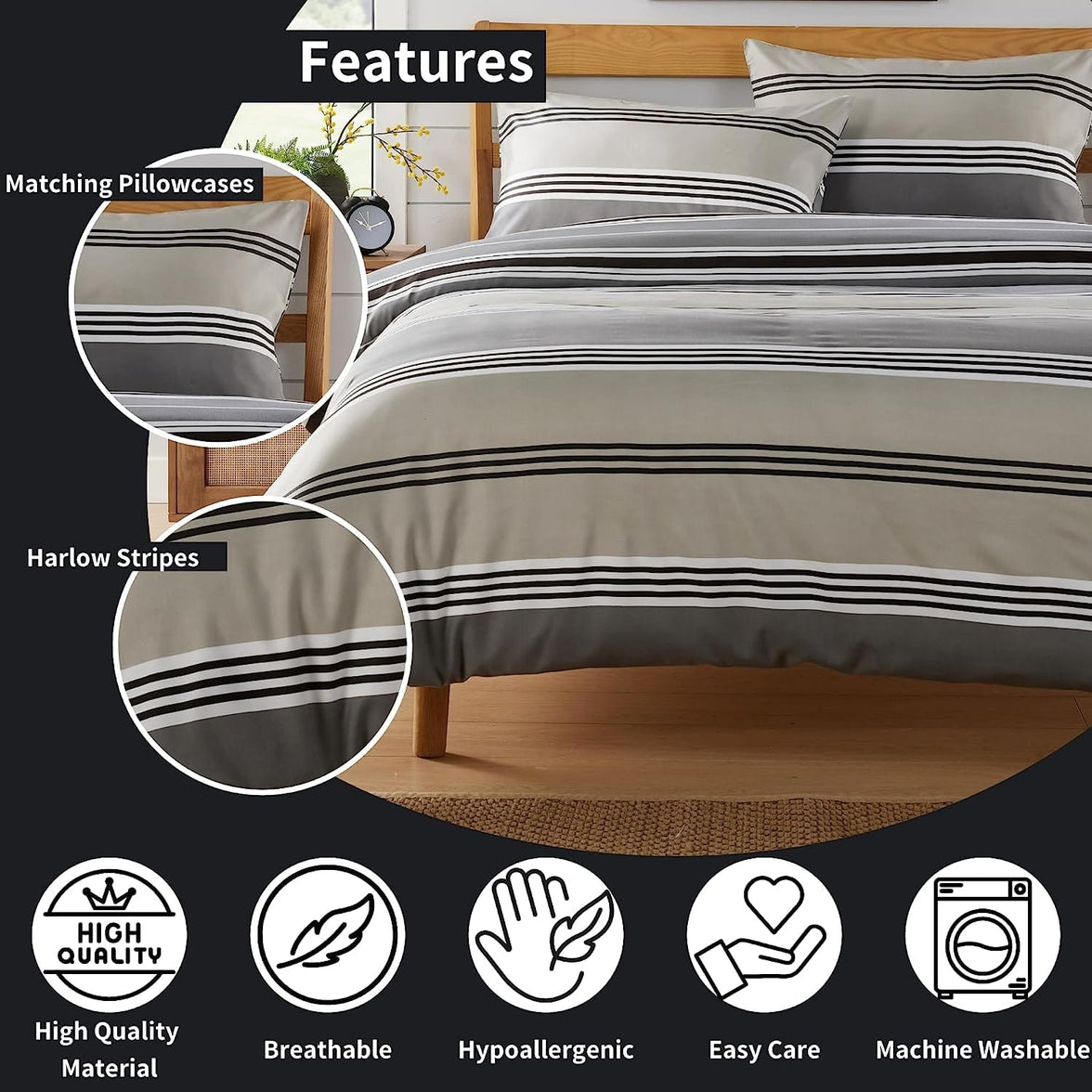 Harlow Stripes Grey Reversible Quilted Duvet Cover Set with Button Closure Available in Single Double King Sizes by OLIVIA ROCCO Duvet Cover