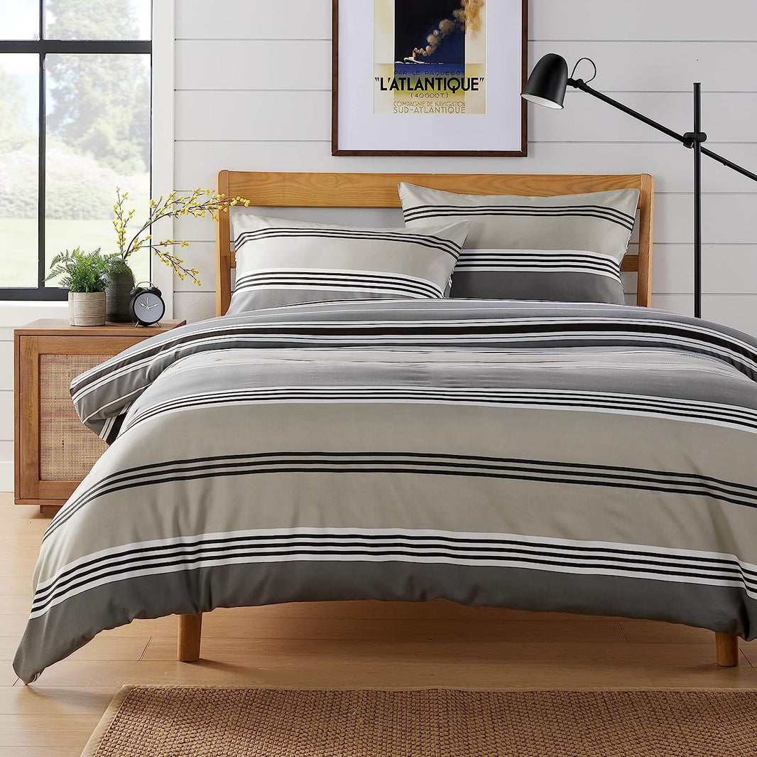 Harlow Stripes Grey Reversible Quilted Duvet Cover Set with Button Closure Available in Single Double King Sizes by OLIVIA ROCCO SINGLE Duvet Cover