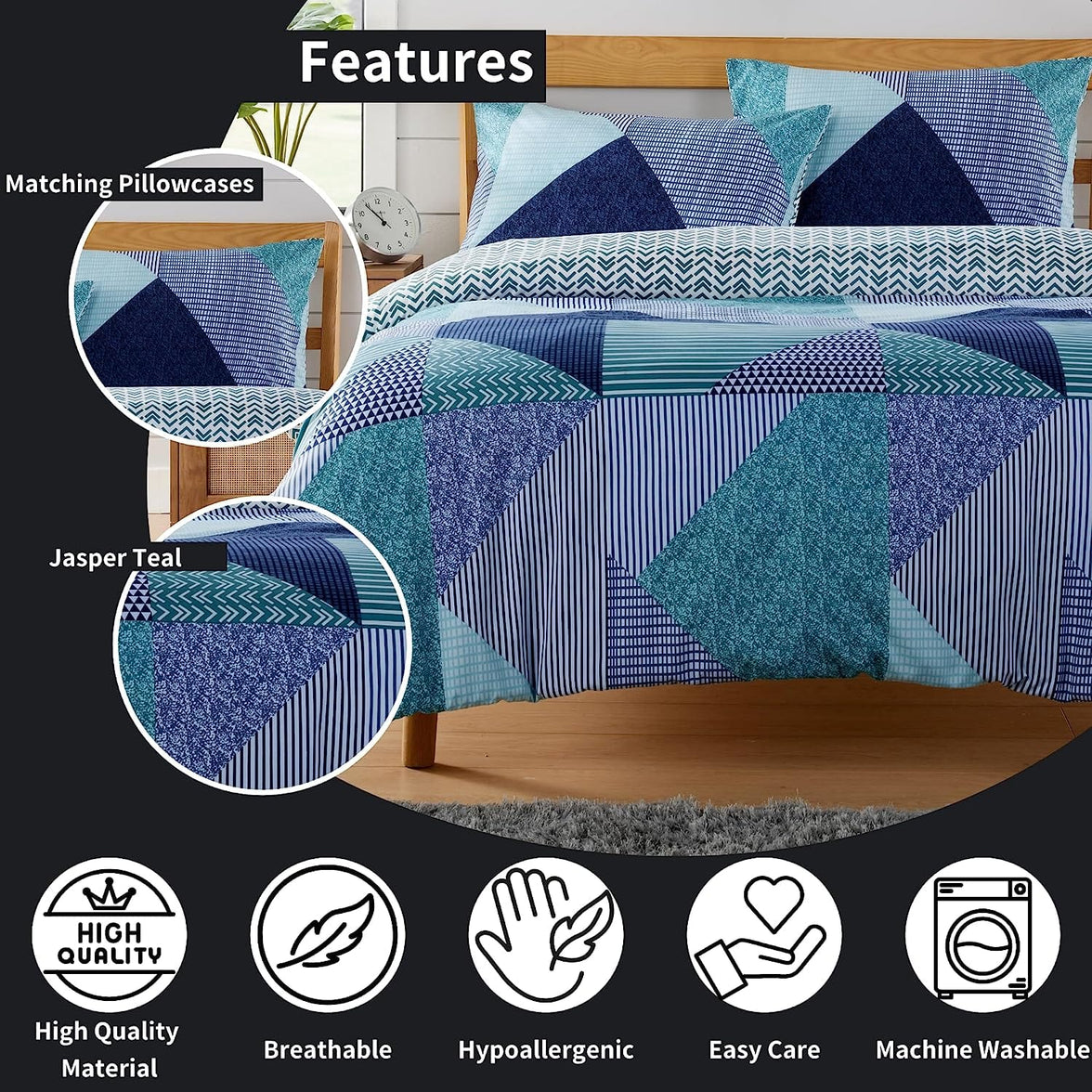 Jasper Teal Durable Printed Duvet Cover Set with Button Closure by OLIVIA ROCCO - Elegant Bedroom Decor in Single, Double, and King Sizes - Premium Polyester Duvet Cover