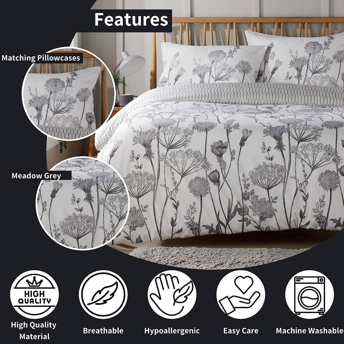 Meadow Grey Reversible Duvet Cover Set with Pillowcases Stylish Chic Design Durable Breathable Polyester Quilt Cover for Master Guest Rooms by OLIVIA ROCCO Duvet Cover