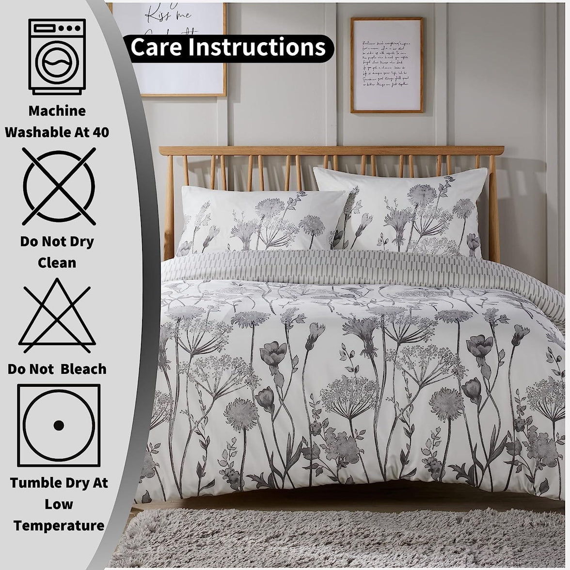 Meadow Grey Reversible Duvet Cover Set with Pillowcases Stylish Chic Design Durable Breathable Polyester Quilt Cover for Master Guest Rooms by OLIVIA ROCCO Duvet Cover