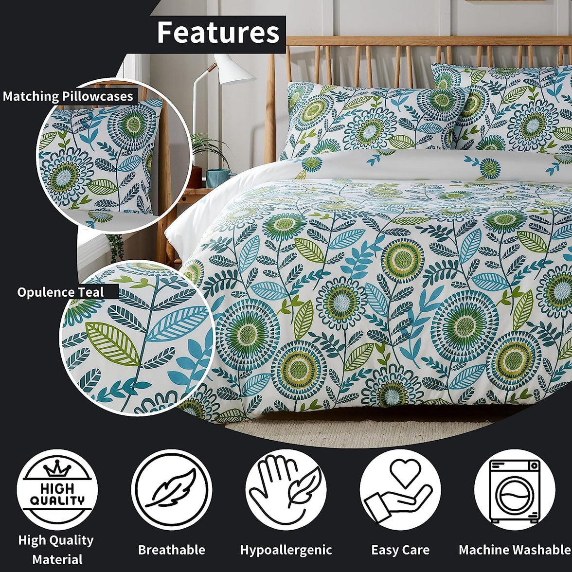 Opulence Teal Printed Reversible Duvet Cover Set with Button Closure Luxurious Bedding in Single Double King Sizes by OLIVIA ROCCO Duvet Cover