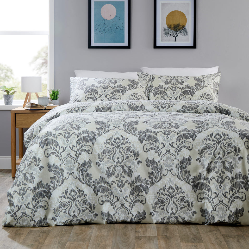 OLIVIA ROCCO Regal Damask Grey Green Printed Reversible Duvet Cover Set Quilted Microfibre Blend with Button Closure Single Double King Size SINGLE Duvet Cover