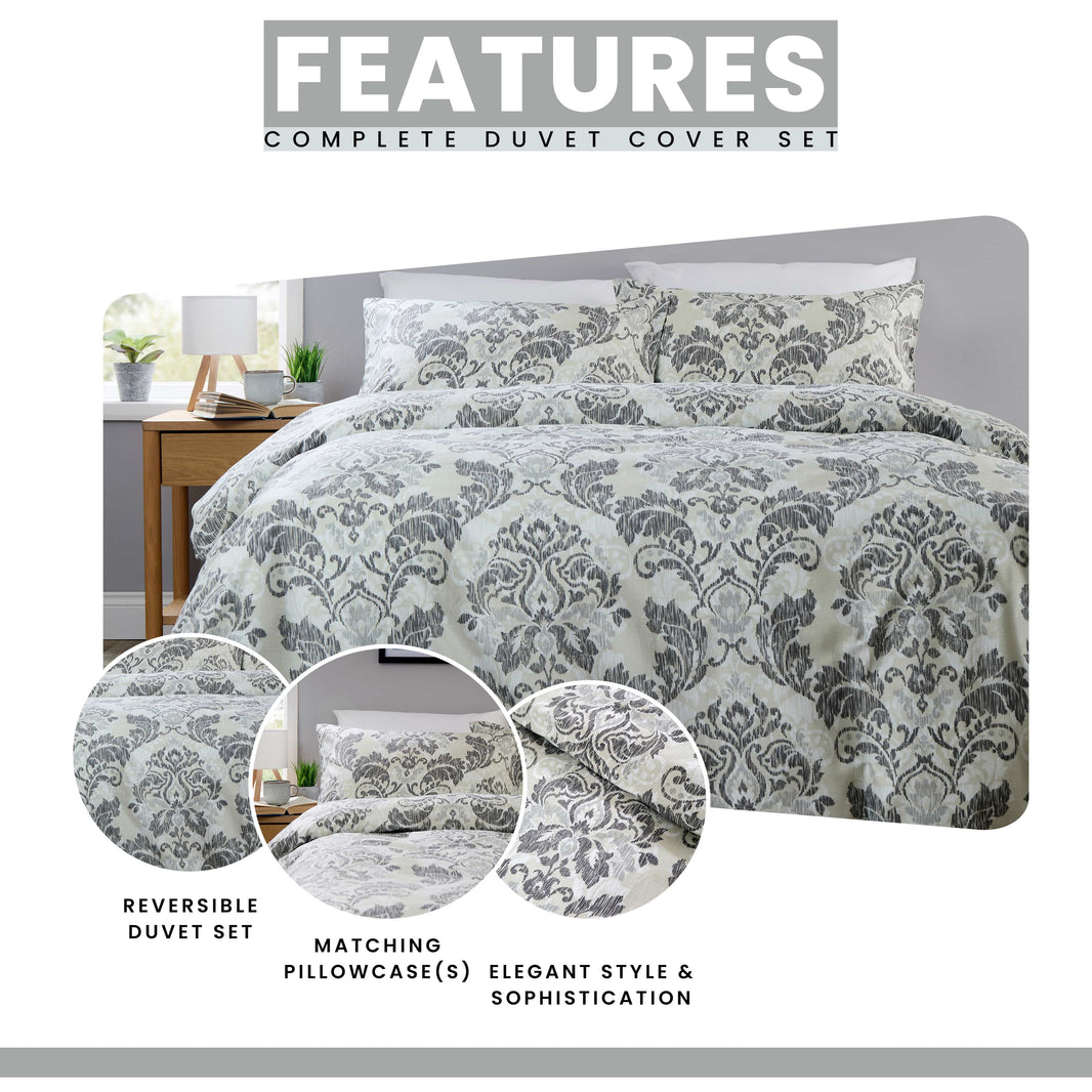 OLIVIA ROCCO Regal Damask Grey Green Printed Reversible Duvet Cover Set Quilted Microfibre Blend with Button Closure Single Double King Size Duvet Cover