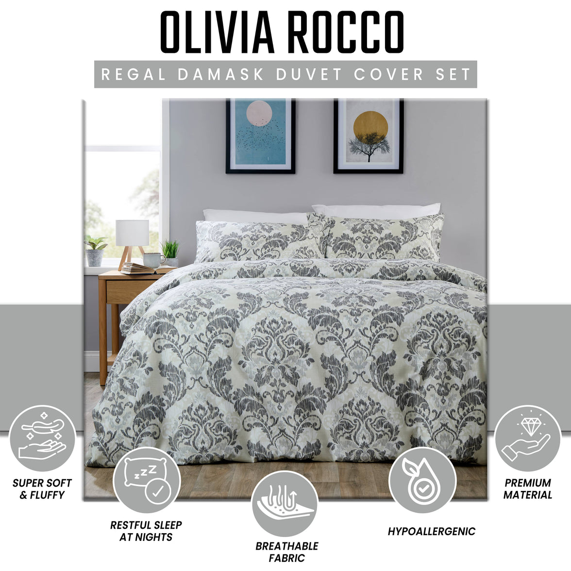 OLIVIA ROCCO Regal Damask Grey Green Printed Reversible Duvet Cover Set Quilted Microfibre Blend with Button Closure Single Double King Size Duvet Cover