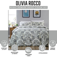 OLIVIA ROCCO Regal Damask Grey Green Printed Reversible Duvet Cover Set Quilted Microfibre Blend with Button Closure Single Double King Size Duvet Cover