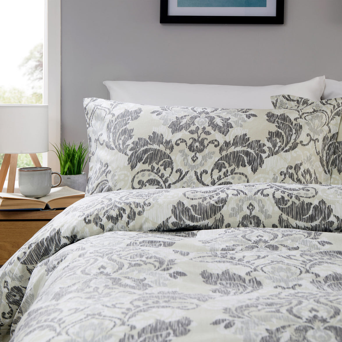 OLIVIA ROCCO Regal Damask Grey Green Printed Reversible Duvet Cover Set Quilted Microfibre Blend with Button Closure Single Double King Size Duvet Cover